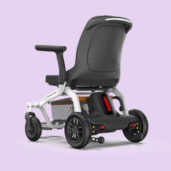 Side profile of the lightweight Robooter E30 powerchair showing compact design and wheels