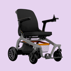 Robooter E30 folding powerchair in black with silver trim, fully assembled and ready to use


