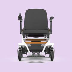 Front view of Robooter E30 folding electric powerchair with padded seat and joystick